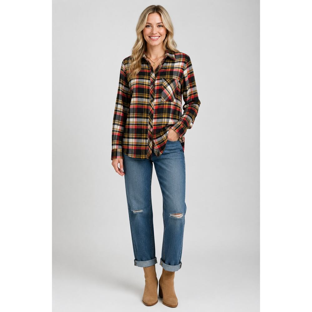 Casa Cabana Womens Wendy Mustard Greens Plaid Button Up Shirt Size Large NWT